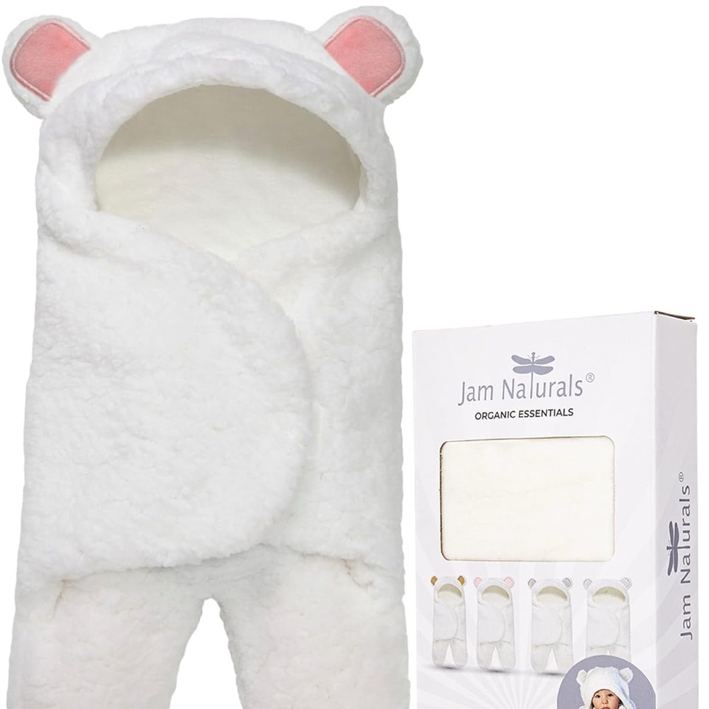 Jam Naturals White Baby Swaddle with Ears